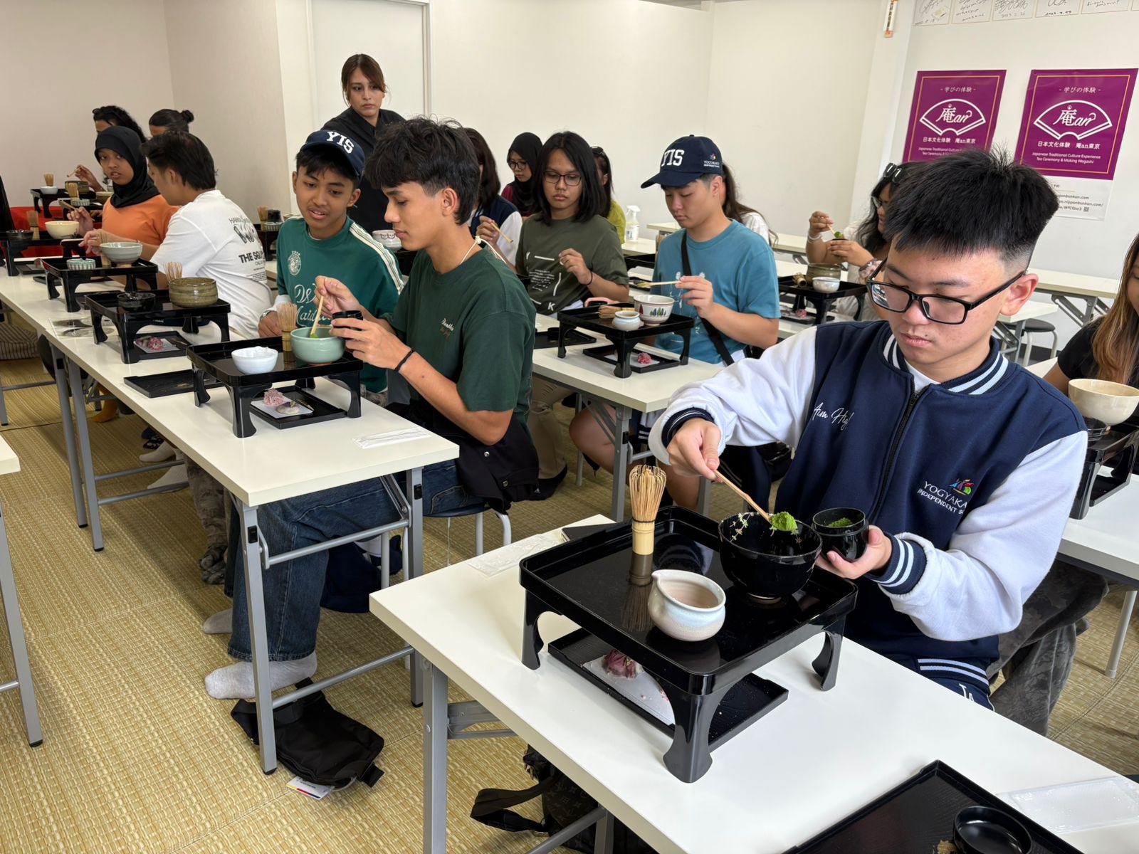 YIS students preparing matcha during a wagashi experience