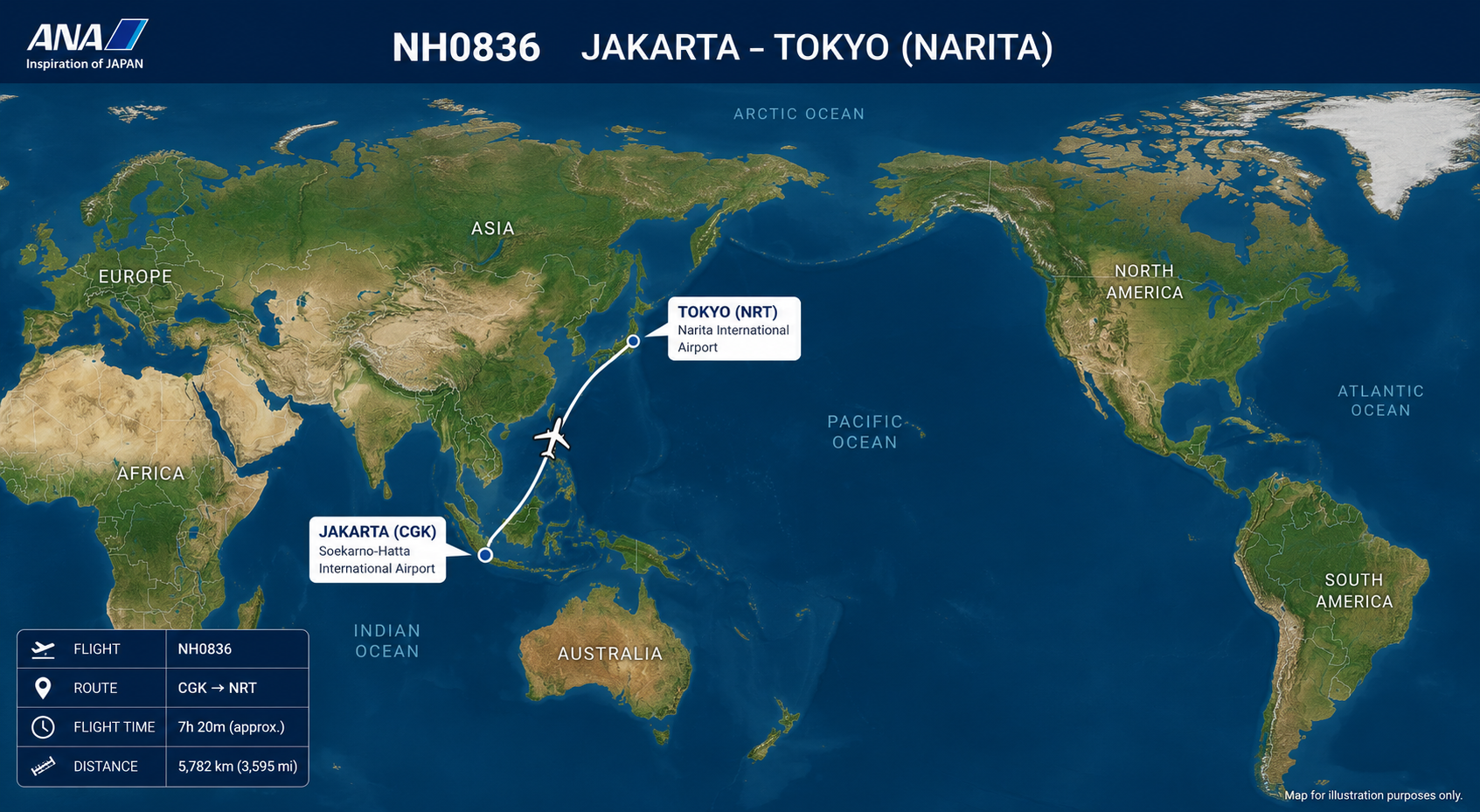 ANA flight NH0836 route map from Jakarta to Tokyo Narita